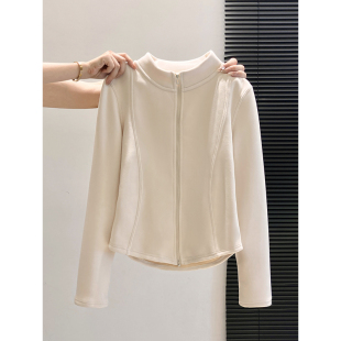 秋冬季立领加绒加厚德绒长袖打底衫女收腰显瘦短款双拉链上衣外套