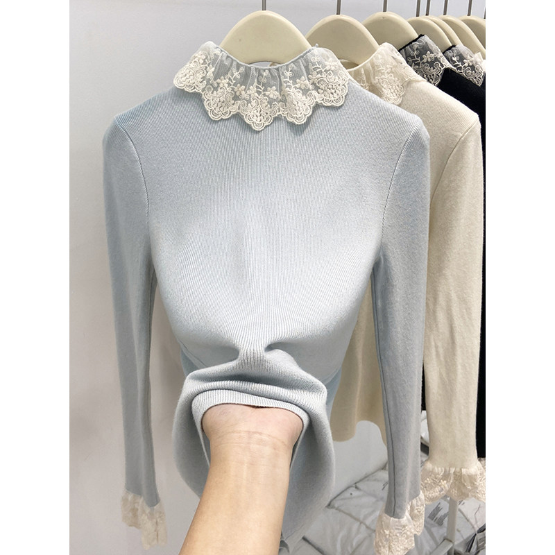 蕾丝拼接半高领长袖针织毛衣女2025冬季新款软糯洋气修身打底上衣