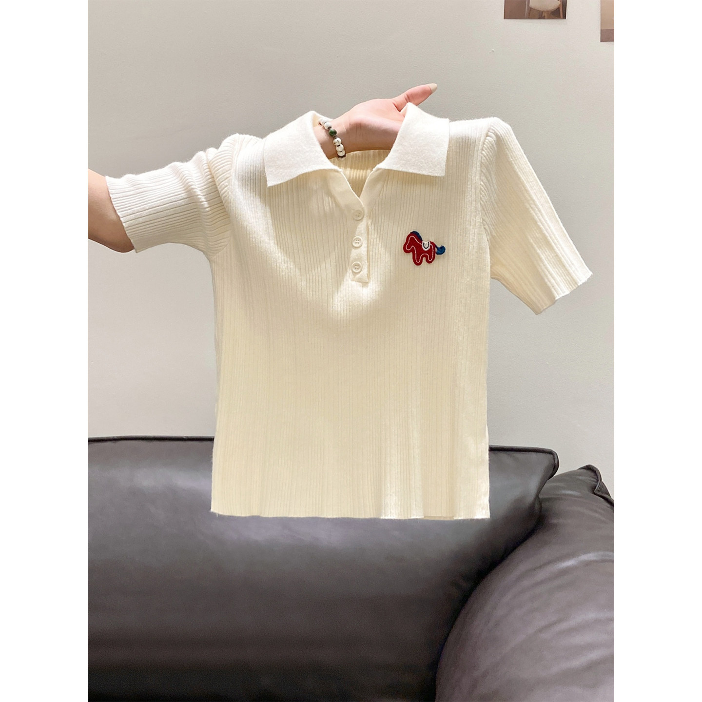 卡通刺绣polo领针织衫短袖女2026早春修身显瘦高级感打底衫小上衣