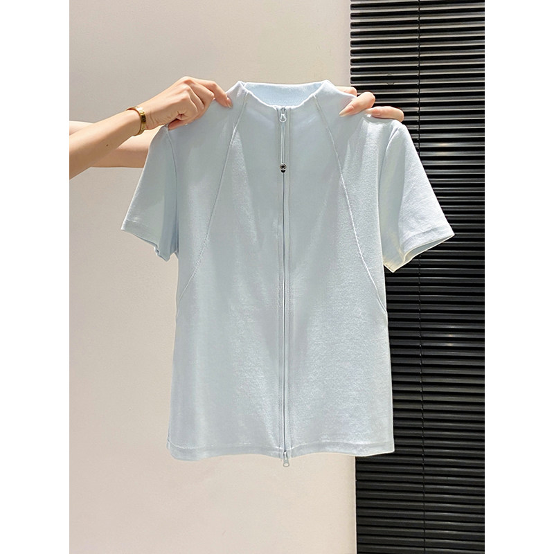 简约气质立领拉链短袖t恤女夏季新款修身显瘦百搭休闲开衫上衣潮