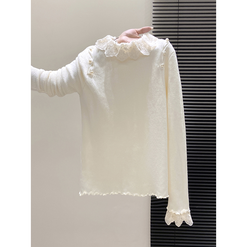 半高领蕾丝拼接木耳边长袖针织衫女秋冬新款内搭加绒加厚打底上衣