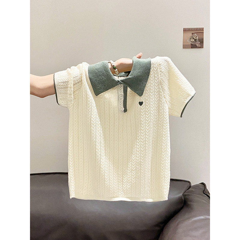撞色翻领爱心刺绣短袖针织衫女女夏季新款韩版设计感镂空透气上衣