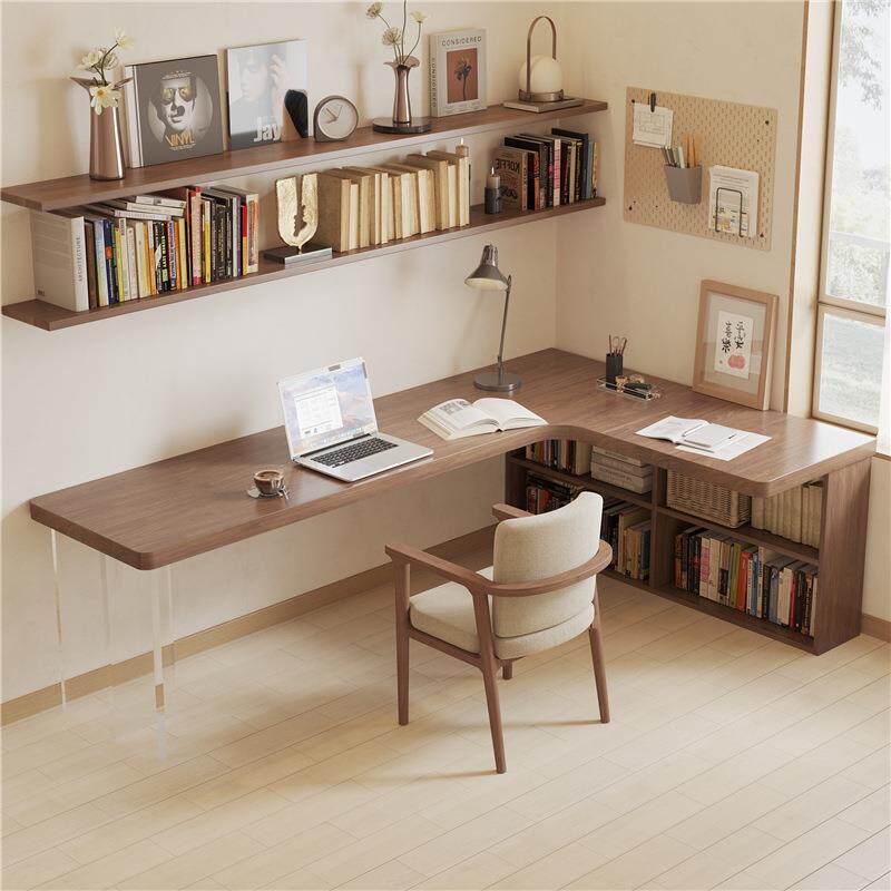 严选全实木转角电脑桌拐角型书桌书架书柜家用亚克力学习办公桌子