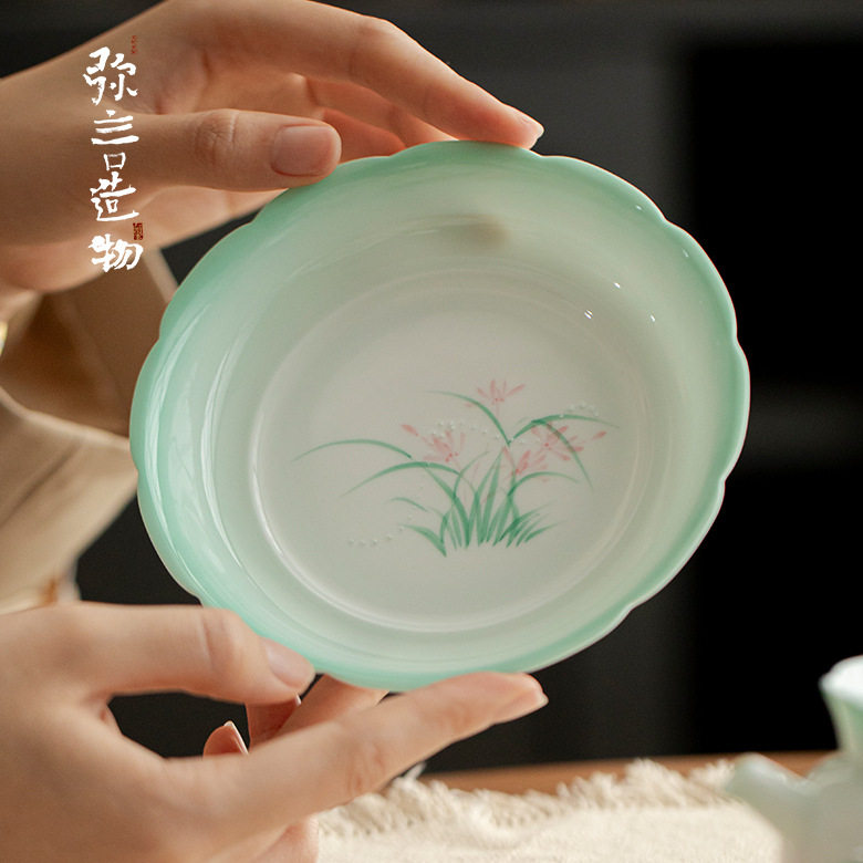 弥言创意渐变手绘兰花壶承手工干泡盘家用小茶台茶承壶托茶道配件