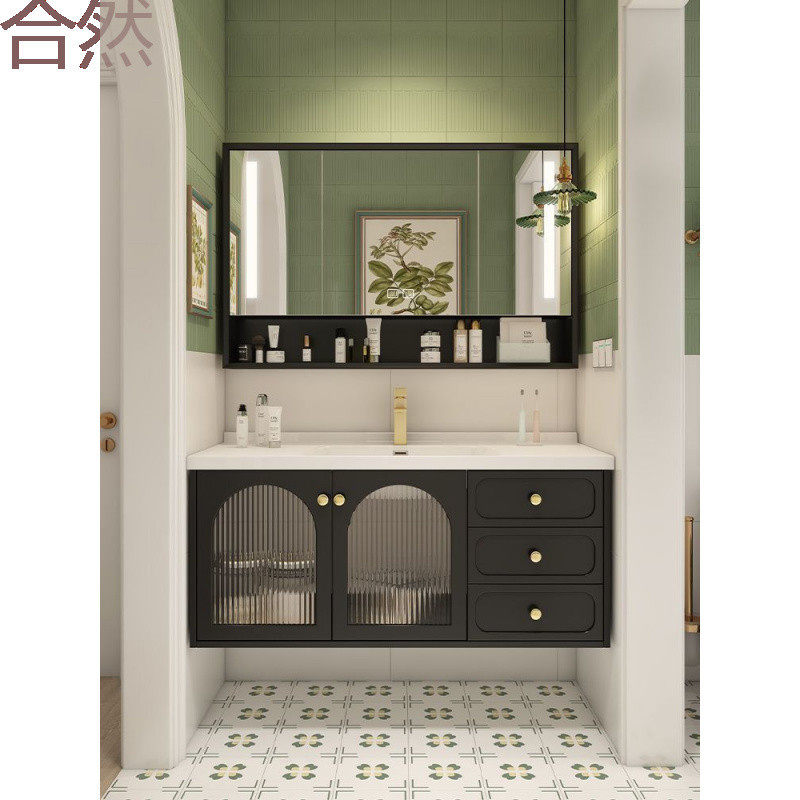 JUb法式现代风黑色卫生间浴室柜一体式陶瓷一体盆浴室柜组合新款
