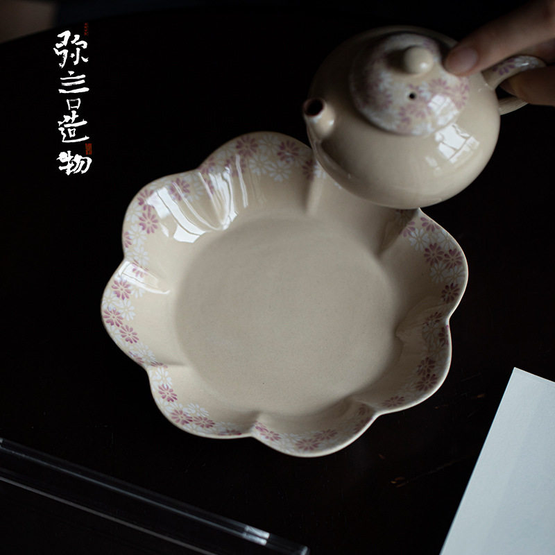 弥言粉引诧寂风手绘小雏菊壶承茶台复古干泡盘陶瓷茶点盘茶道配件