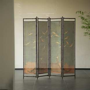 古典紫竹瑞鹤图细丝屏风 茶室空间 中式隔断玄关折叠移动折屏