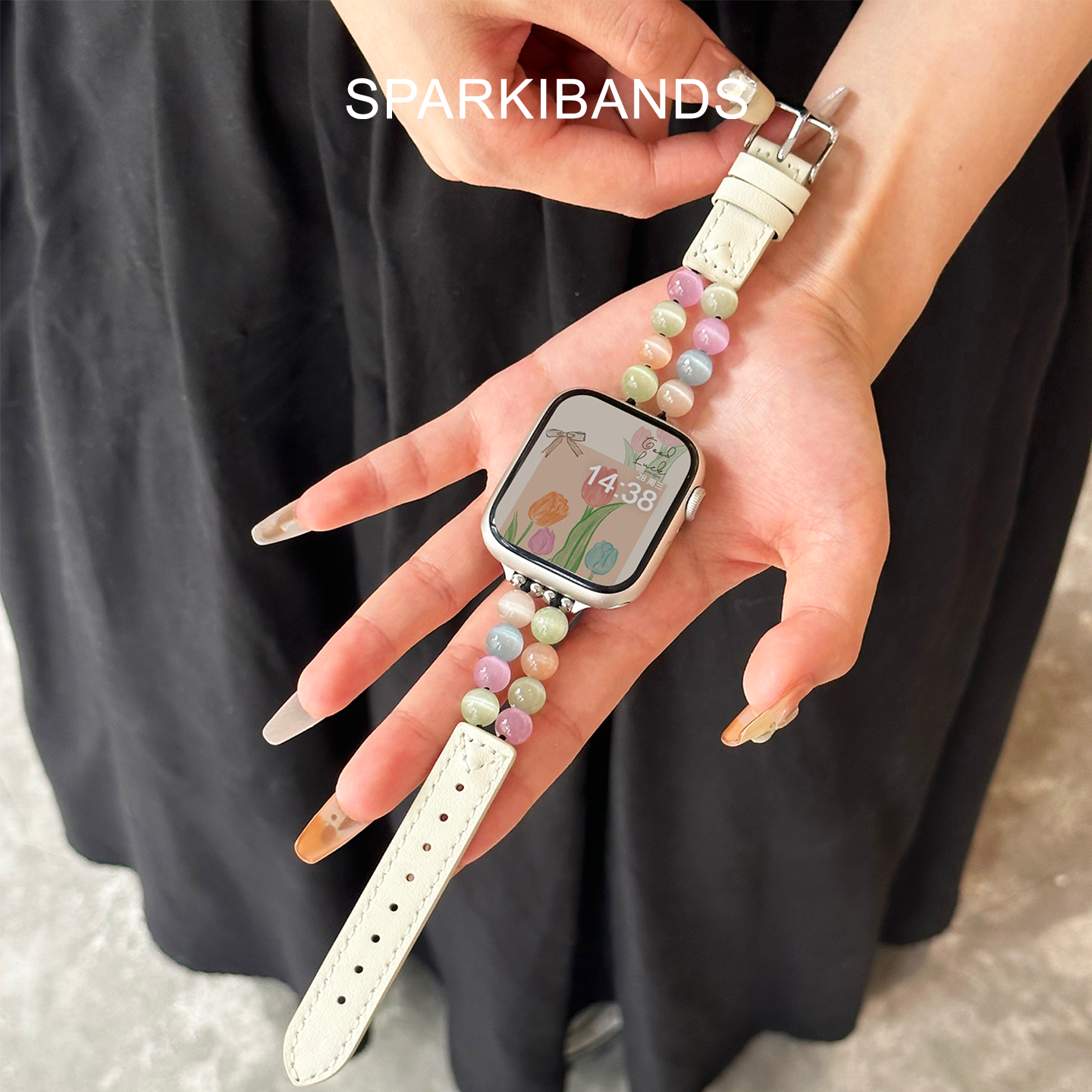 【超纤皮琉璃珠】适用于iwatchs11苹果applewatchs9皮质8手表表带7女新款SE3春夏Ultra2创意高级10双排琉璃珠