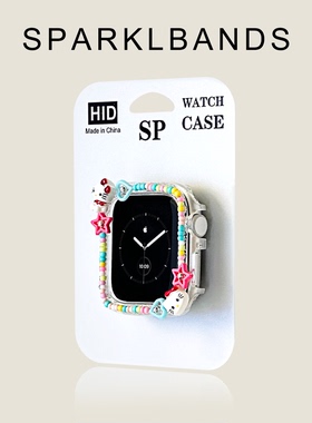 【kt猫耳壳】适用于AppleWatchS11猫耳镶钻保护壳S9苹果手表彩色珠S8边框壳iwatch S10代半包硬壳4/5/6/7/SE3