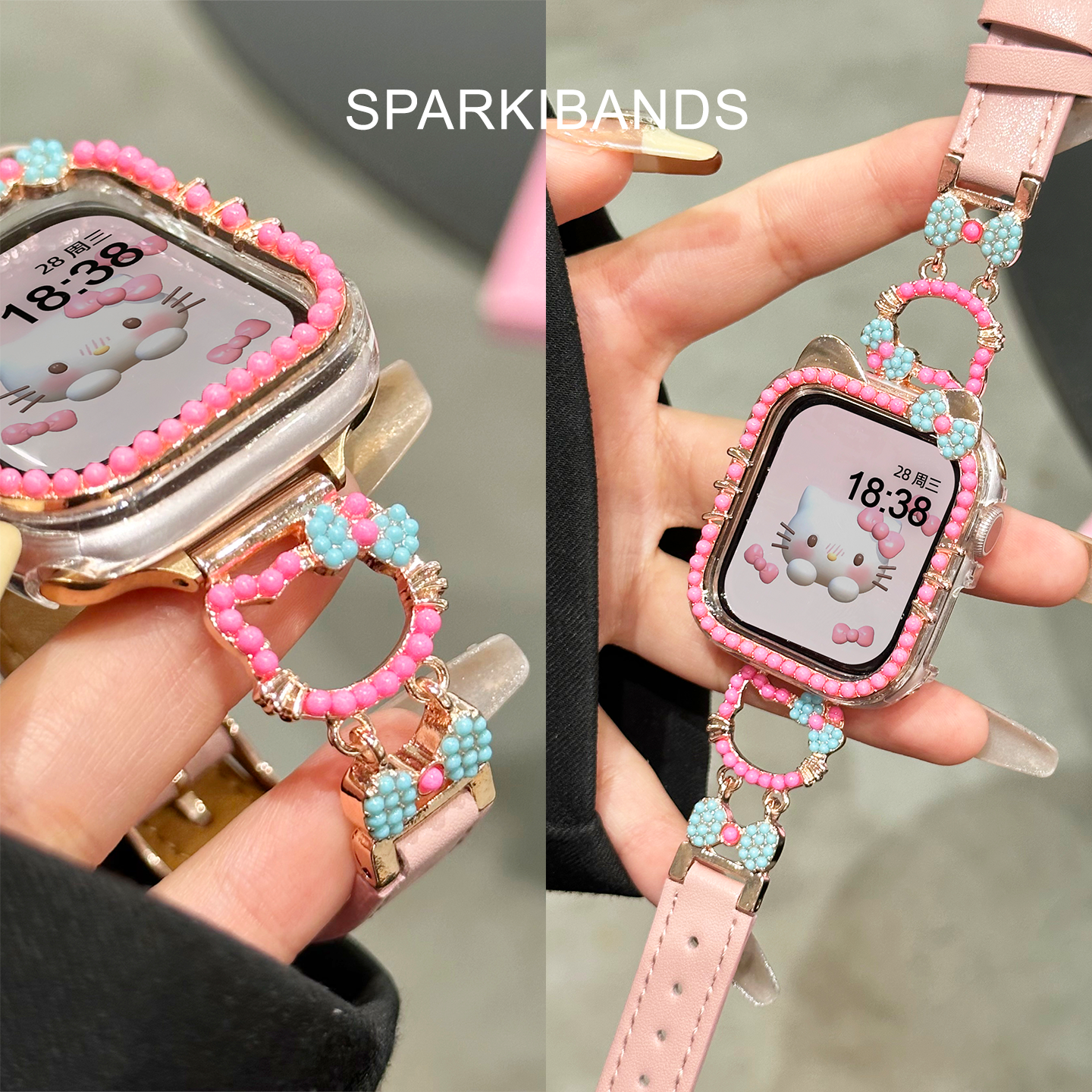 【蝴蝶结拼皮】适用于applewatchs11苹果女士新款iwatchs9创意8手表SE表带高级感皮质Ultra2秋冬配可爱保护壳