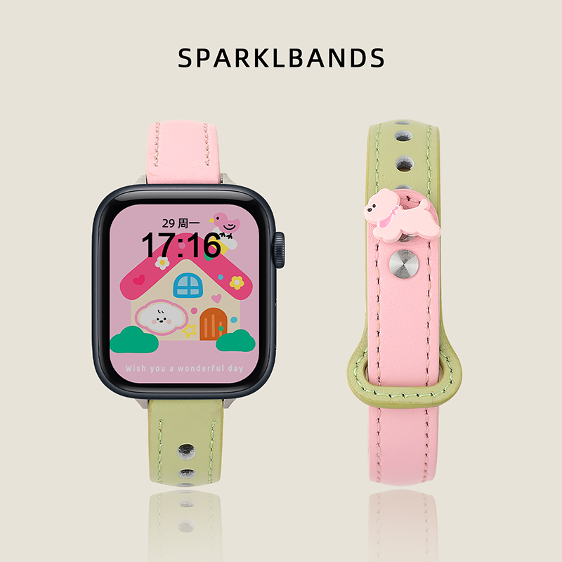 【头层牛皮】适用于applewatchs11苹果新款iwatchs9创意8手表表带SE拼色Ultra3春夏粉小狗双钉扣真皮质女小米