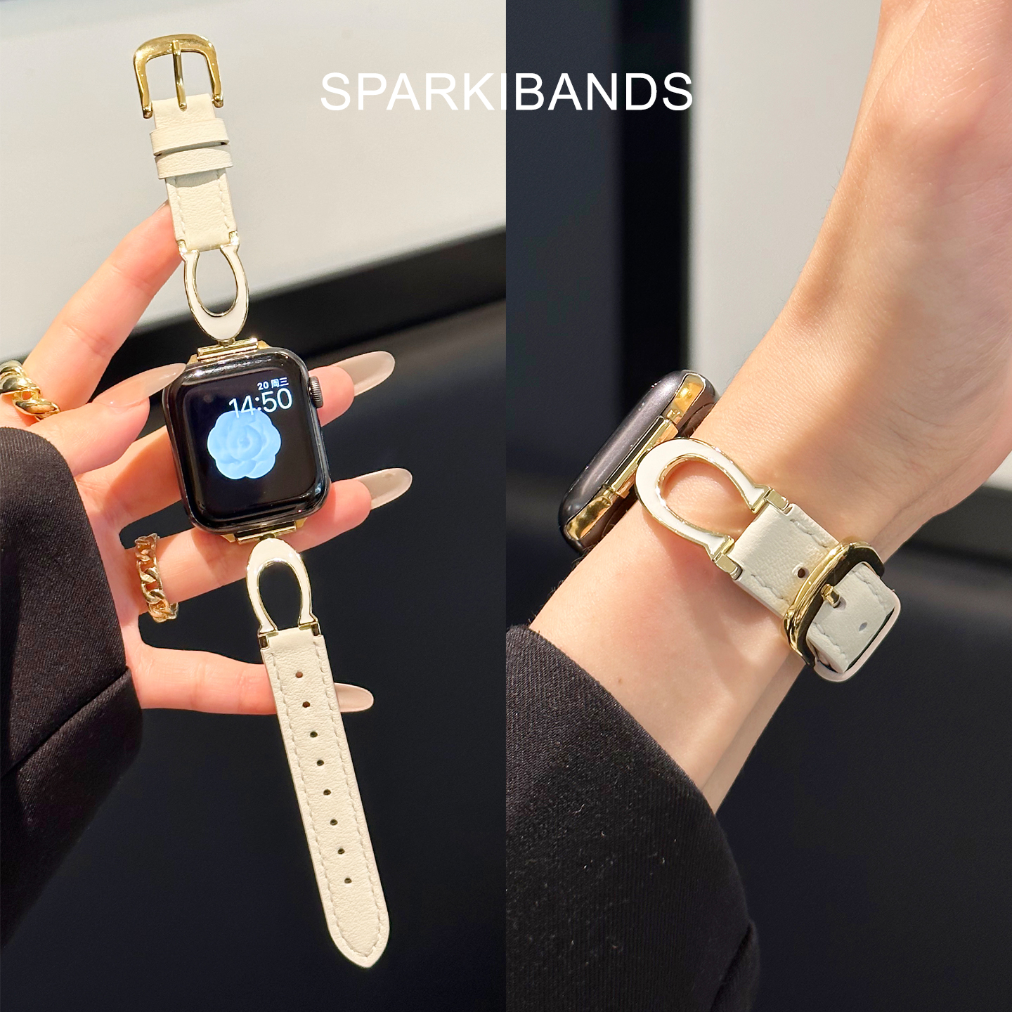 【滴胶C字拼皮】适用于女款苹果表带s11腕带10手环Applewatchs9时尚真皮se高级s8精致s7金属ultra新款