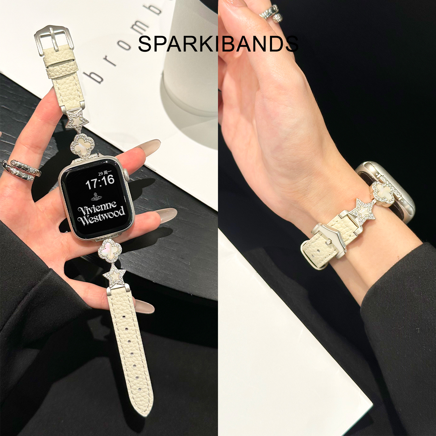 【四叶草星星】适用于s11苹果表带10新款皮质iwatch9金属拼真皮s8手表applewatch7春夏5时尚se代6小众女ultra