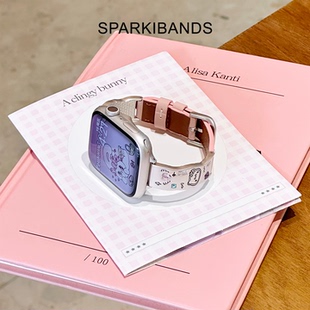 【小牛皮】适用于applewatchs11苹果金属拼真皮表带iwatchs9皮质女生新款8手表SE表带Ultra2高级时尚小猫可爱