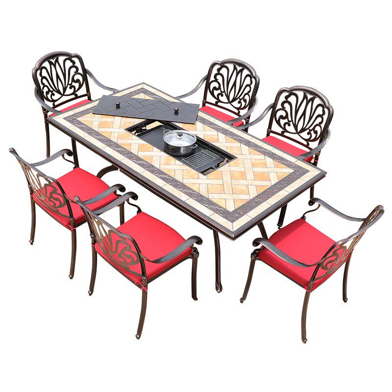 户外庭院烧烤桌椅多功能家用露台花园H电碳烤铸铝火锅一体桌烤肉