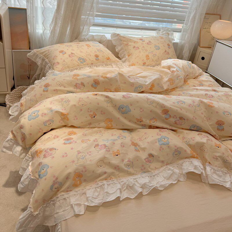 荷叶边仙女全棉四件套小奶狗纯棉被套卡通G少女公主风1.5m1.8床品