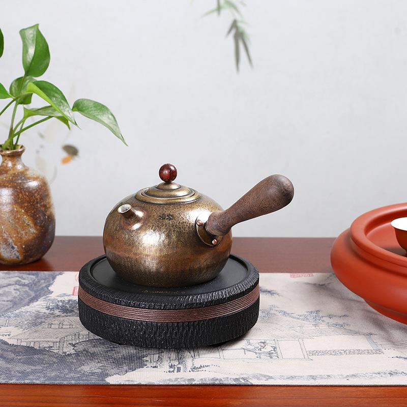 潮汕手工锤纹紫铜侧把煮水壶电陶炉家用鎏银铜壶烧水煮茶器泡茶壶