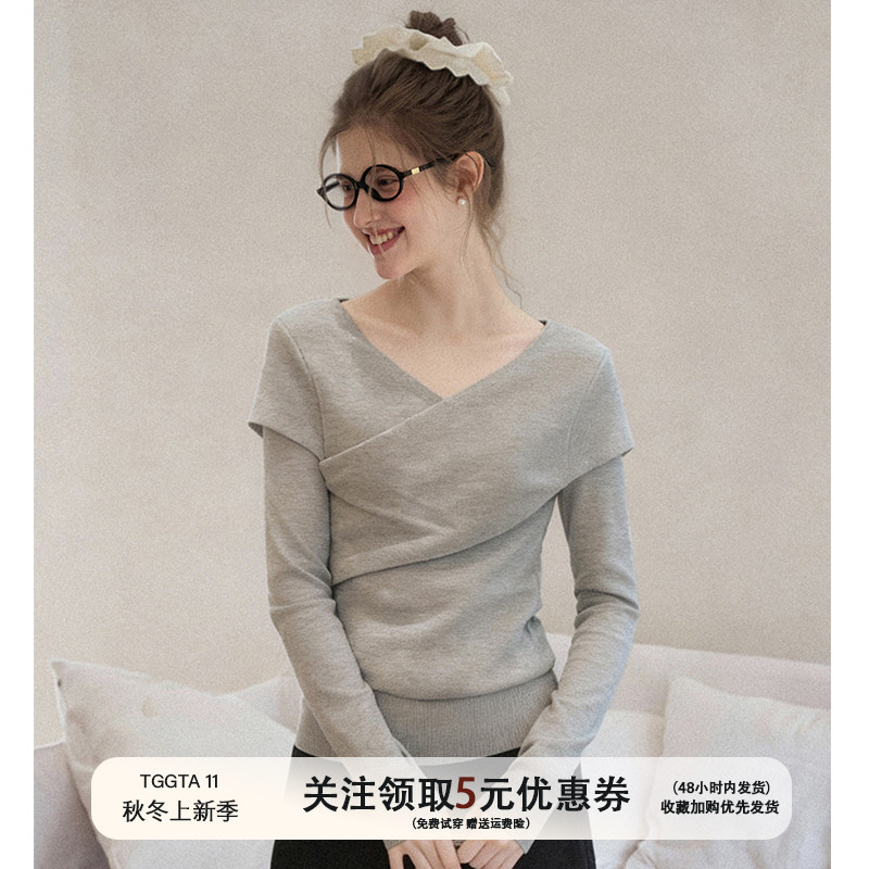 TGGTA11灰色不规则交叉v领内搭打底衫女秋冬修身长袖t恤针织上衣,女装/女士精品,T恤,淘宝优惠券,粉丝福利购,淘宝优惠卷