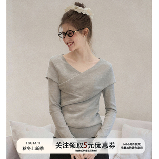 TGGTA11灰色不规则交叉v领内搭打底衫女秋冬修身长袖t恤针织上衣