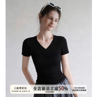 TGGTA黑色v领正肩短袖t恤女夏季夏修身紧身半袖短款内搭打底上衣