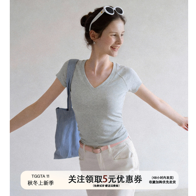 TGGTA灰色v领插肩短袖t恤女夏季夏2026新款修身紧身收腰短款上衣