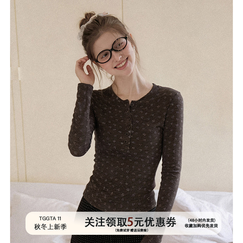 TGGTA11棕色碎花磨毛正肩长袖t恤女秋冬亨利领内搭打底衫修身上衣,女装/女士精品,T恤,淘宝优惠券,粉丝福利购,淘宝优惠卷