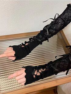 黑色长款手套lolita蕾丝手袖女拼接芭蕾风丝绑带臂袖套cos甜酷风