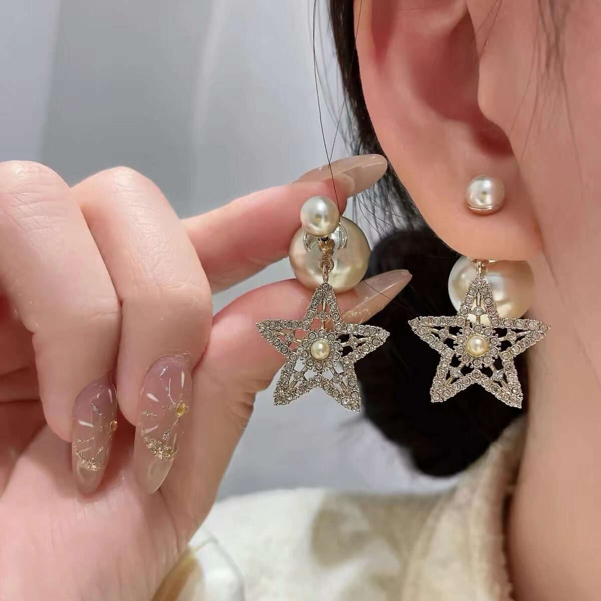复古镂空五角星前后珍珠耳钉女 镶钻星星耳环轻奢气质高级感耳饰