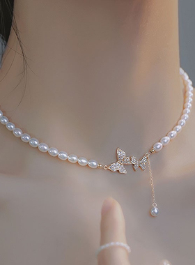 巴洛克仿珍珠项链蝴蝶吊坠轻奢ins小众设气质百搭法式