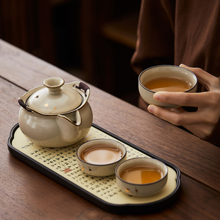 米黄汝窑手抓壶茶杯茶盘防烫泡茶碗开片高端功夫茶具一壶二杯三杯
