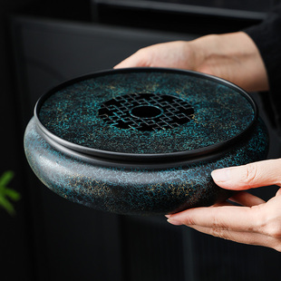 中式圆型茶盘壶承储水干泡茶台大漆老铁器复古茶具禅意茶道茶托盘