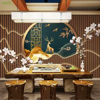 3d立体新中式壁纸定制山水画客厅壁画茶室直播背景墙酒店装饰墙纸图片