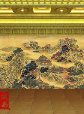 蓬莱仙境图壁纸新中式国画山水画墙纸堂口客厅背景墙佛堂寺庙墙布