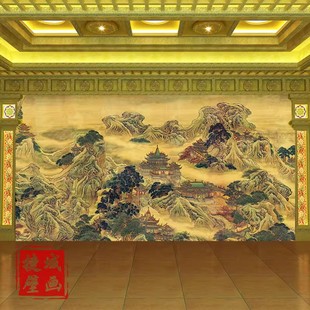 蓬莱仙境图壁纸新中式 国画山水画墙纸堂口客厅背景墙佛堂寺庙墙布