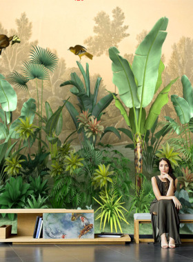 热带雨林植物壁纸东南亚餐厅壁画咖啡厅酒店包厢墙布真森系墙纸