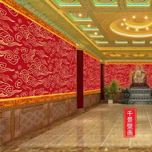 中国风饭店客厅红色祥云图案墙布