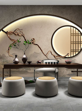 禅意壁布茶道茶叶店直播间背景布墙纸古风山水图禅茶中式茶室壁纸