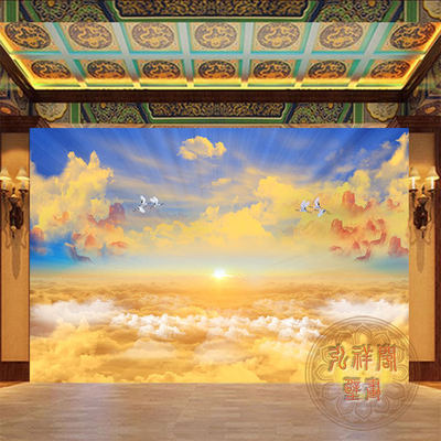 金色祥云莲花佛仙道堂壁画定制