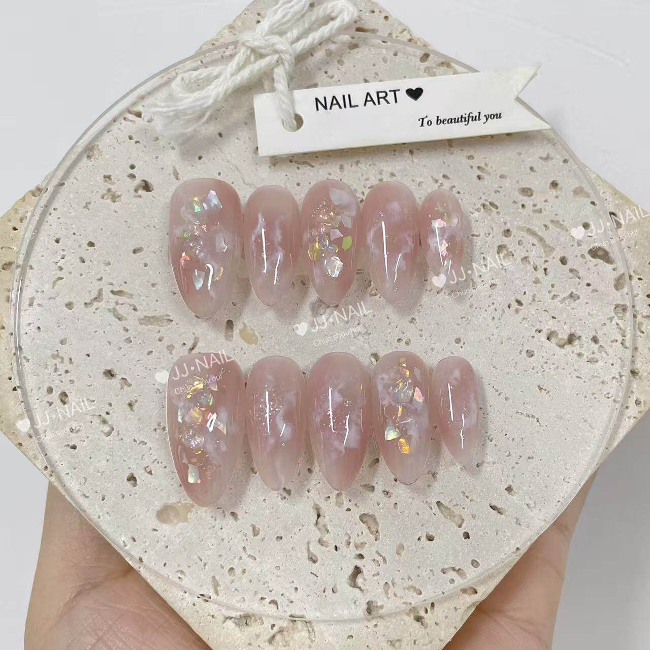 【粉雾碎冰】粉色亮片穿戴甲成品高级感美甲贴片显白百搭假指甲