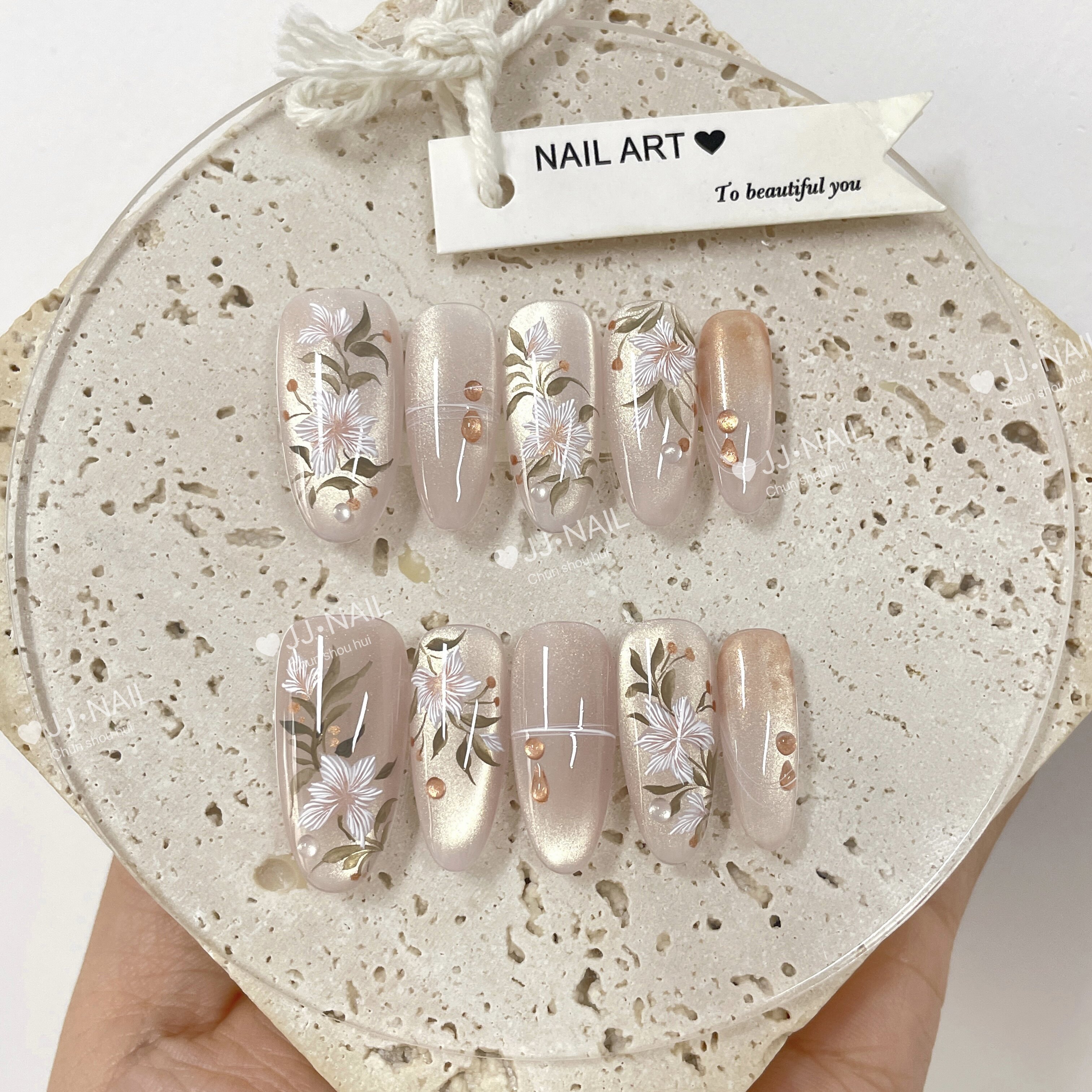 【望舒】穿戴甲法式花朵3D立体手工穿戴甲粉色猫眼高级感美甲贴片