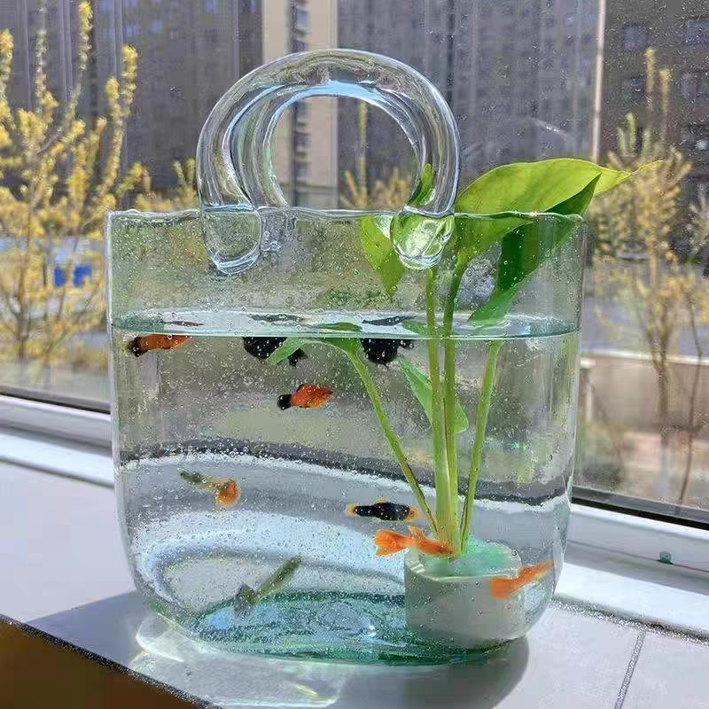包包手提玻璃花瓶网红ins客厅创意水培透明包包花瓶手提包包鱼缸
