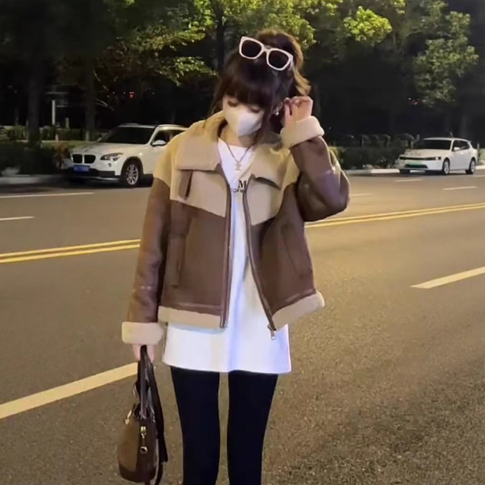 加绒加厚羊羔毛外套女2024秋冬季新款小个子休闲百搭皮毛一体夹克