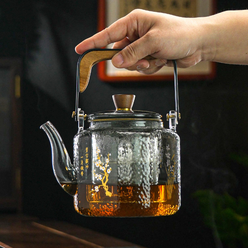 蒸煮一体玻璃茶壶白n茶专用喷淋式双胆煮茶器黑胡桃实木电陶炉套