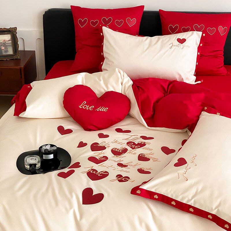 浪漫婚庆120S贡缎长绒棉四y件套少女结婚爱心刺绣被套床上用品婚