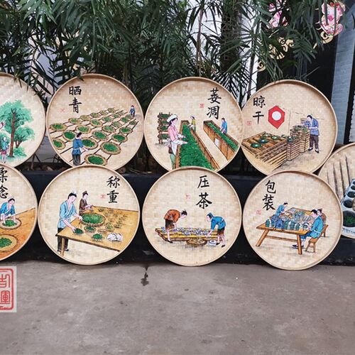 簸箕画手绘竹编茶室n背景墙装饰画茶道茶庄挂画茶楼茶馆茶文化墙