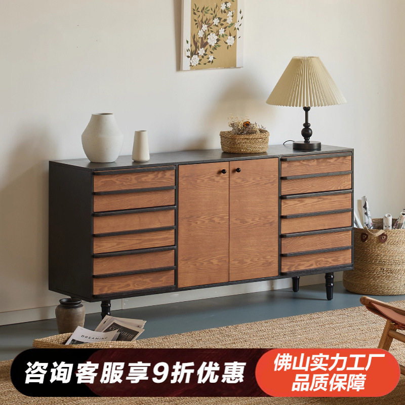 中古风黑胡桃木色实木大容量餐边