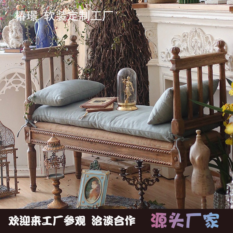 美式复古做旧橡木布艺雕刻换衣凳