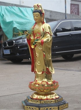 快速发货树脂佛像玻璃钢q鎏金彩绘1米1站观音菩萨 贴金观世音佛像