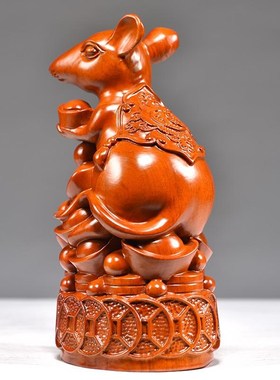 快速发货花梨木雕老鼠摆s件动物生肖木鼠客厅实木质家居客厅饰品