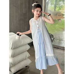 吊带 商场同款 女童夏季 连衣裙2024新款 女大童甜美镂空海边度假夏装